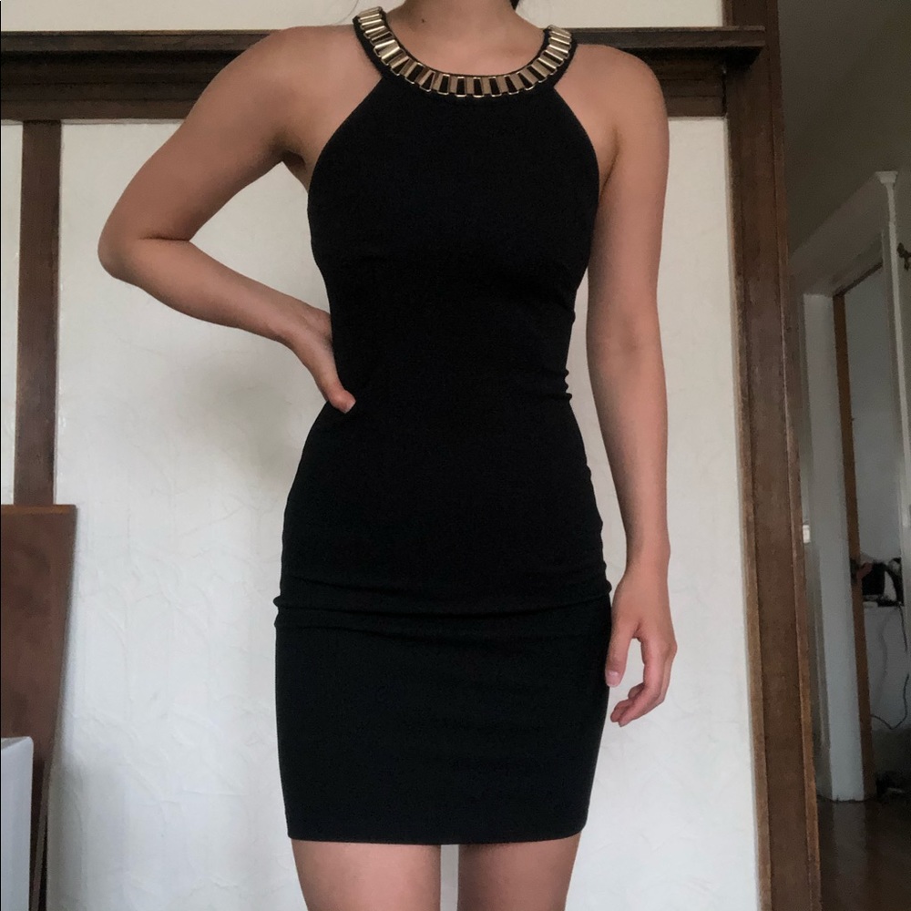 Black Bodycon Dress with Gold Chain Halter Dress